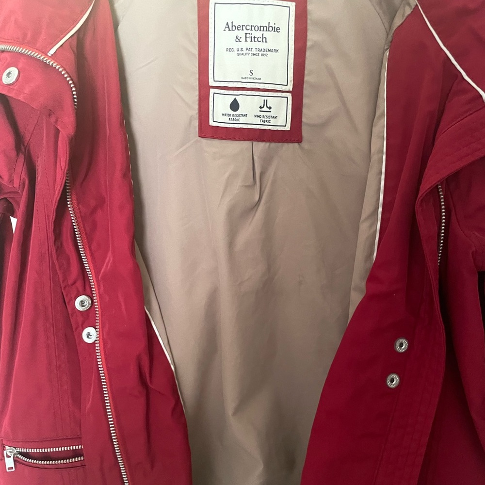 Burgundy, Abercrombie & Fitch Jacket with hood and women’s size small.